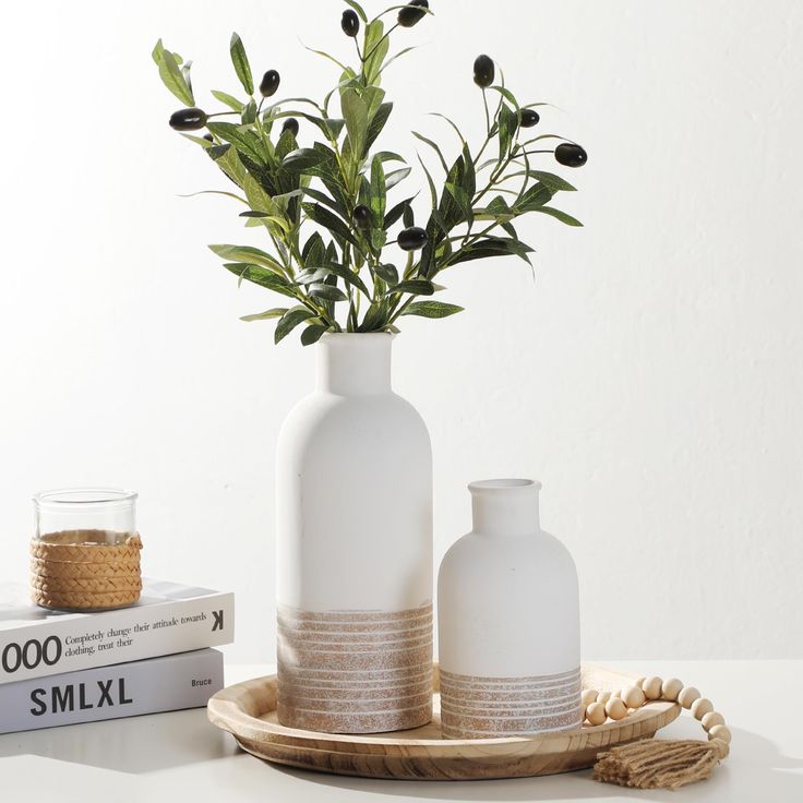 two white vases with green plants in them on a tray next to some books