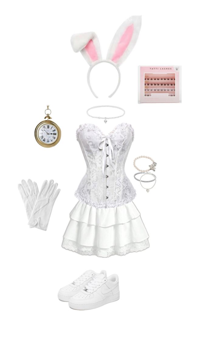 a white corset with bunny ears and accessories