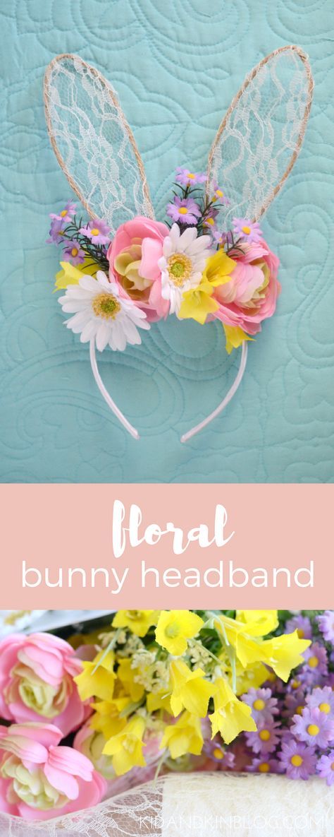 the bunny ears headband is decorated with flowers and leaves, while the text reads floral bunny