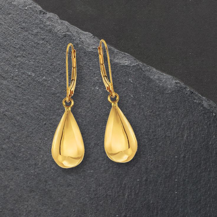 Ross-Simons - 18kt Yellow Gold Teardrop Earrings. Simply stated, these shiny teardrop earrings let the beauty of 18kt yellow gold speak for itself. Hanging length is 1 1/4". Leverback, 18kt yellow gold teardrop earrings. Modern Tarnish Resistant Teardrop Earrings For Formal Occasions, Modern Durable Teardrop Earrings For Formal Events, Modern Gold Teardrop Earrings With Polished Finish, Modern Gold Teardrop Earrings For Formal Occasions, Modern Gold Teardrop Earrings For Formal Events, Formal Teardrop Pendant Drop Earrings, Elegant Long Drop Teardrop Earrings With Polished Finish, Modern Gold Teardrop Earrings In 14k Gold, Modern Yellow Gold Teardrop Earrings For Formal Occasions