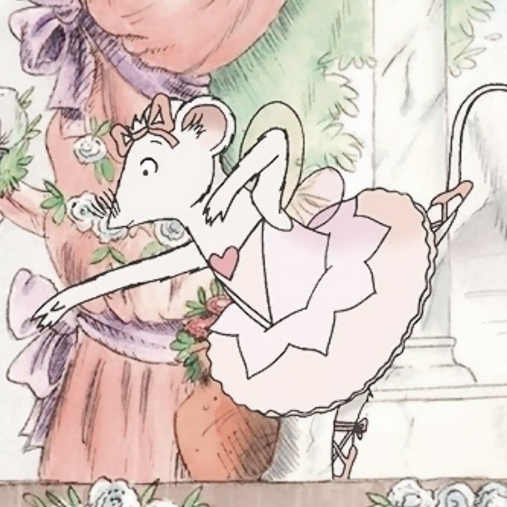 a drawing of a mouse dancing with a ballerina in front of a statue and flowers