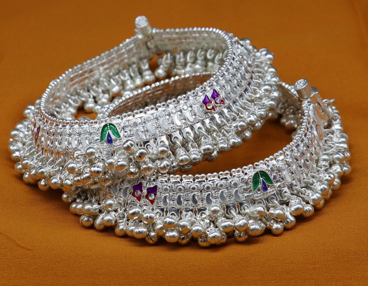 Handmade vintage antique design solid silver gorgeous heavy foot bracelet, excellent tribal anklets jewelry for gifting wedding party , anniversary, mother's day, amazing belly dance jewelry from Rajasthan India.\ Metal-Sterling silver. Type-Anklets, Length-9.0 inches. inner diameter-7.0 centimeters. Width-2.7 cm with bells. Weight-225.630 grams (pair) Make excellent gifting and collectible pieces. Traditional Anklets With Oxidized Finish For Festival, Handmade Silver Metal Anklets, Festival Anklets With Silver Beads, Bohemian Festive Anklets With Silver Beads, Festive Bohemian Silver Beads Anklets, Traditional Metal Anklets For Gift, Traditional Metal Anklets As Gift, Traditional Silver Anklets For Festive Occasions, Traditional Silver Beaded Anklets For Festive Occasions