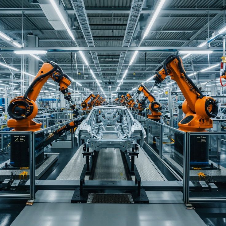 an assembly line with robots working on cars