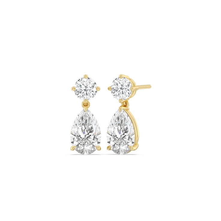 These diamond drop earrings embody refined sophistication. They feature an easy-to-wear design, with each earring styled with a pear-cut diamond "dropping" from a round diamond post. Opt for this pair to add a luxurious touch to any look or to polish a dressy ensemble effortlessly. Timeless Teardrop Brilliant Cut Diamond Earrings, Timeless Brilliant Cut Teardrop Diamond Earrings, Timeless Pear-shaped Diamond Earrings, Classic Teardrop Diamond Earrings For Formal Occasions, Classic Teardrop Diamond Earrings With Accents, Classic Teardrop Earrings In Brilliant Cut, Timeless Teardrop Prong Set Earrings, Classic Diamond Teardrop Earrings, Classic Teardrop Diamond Cut Earrings