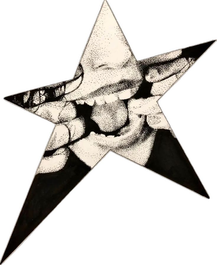 a black and white drawing of a star with hands on it's side,