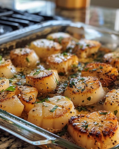 seared scallops in a baking dish with herbs on the side and seasoning sprinkled on top