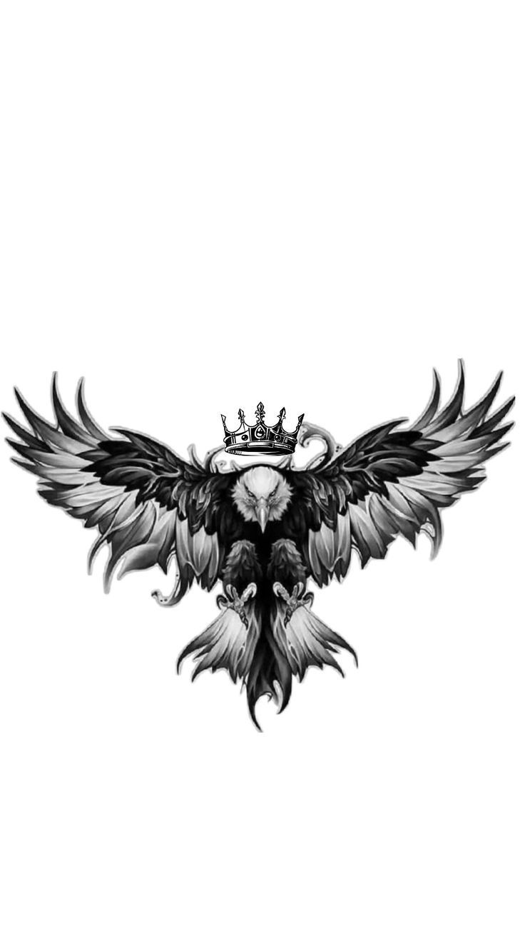 an eagle with a crown on it's head is shown in black and white