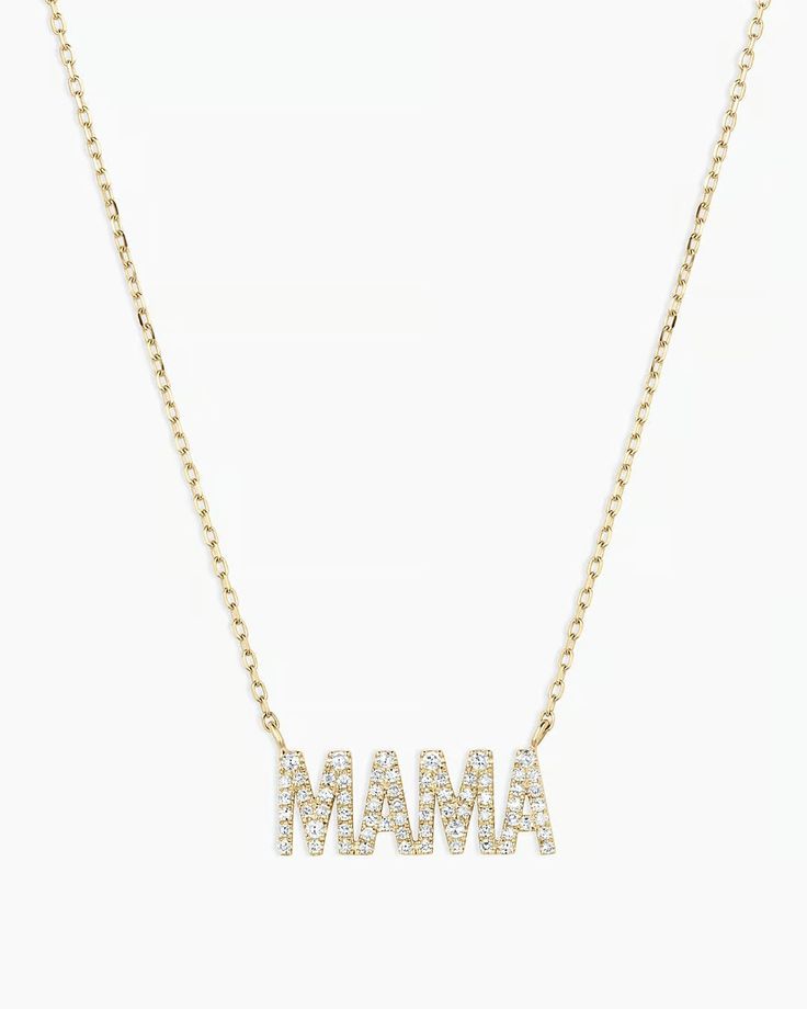 Diamond Pavé Mama Necklace – gorjana Fine Jewelry Name Necklace With Diamond Accents, Anniversary Cubic Zirconia Nameplate Jewelry, Engraved Diamond Nameplate Jewelry, Personalized Diamond Jewelry For Mother's Day, Elegant Diamond Jewelry For Mom, Elegant Diamond Jewelry For Gift, Elegant Diamond Jewelry As Gift For Mom, Personalized Diamond Nameplate Jewelry, Elegant Diamond Nameplate Jewelry