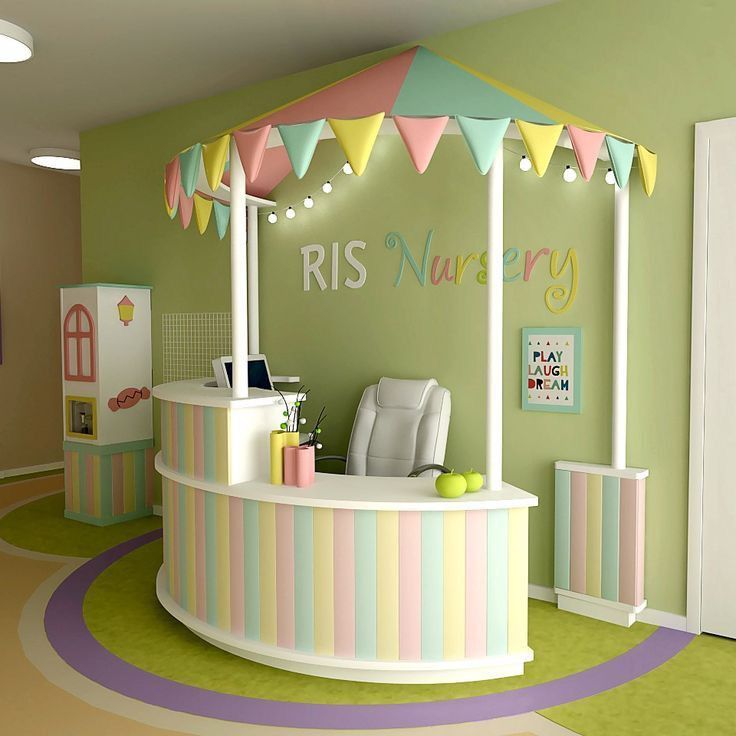 a brightly colored room with a reception counter