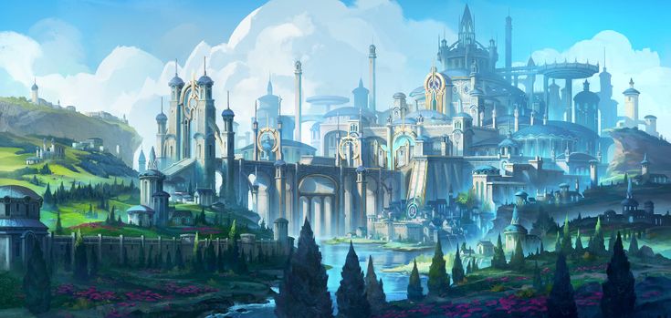 an artistic painting of a fantasy city on a hill with lots of trees and flowers