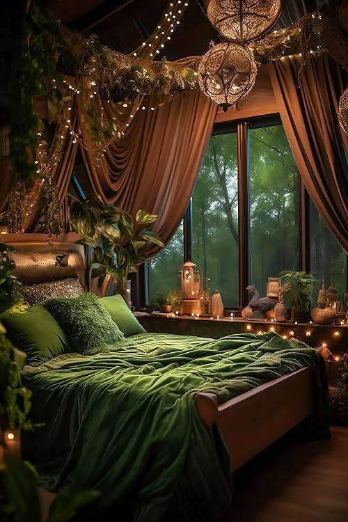 a bedroom decorated in green and gold with lights hanging from the ceiling, plants on the bed