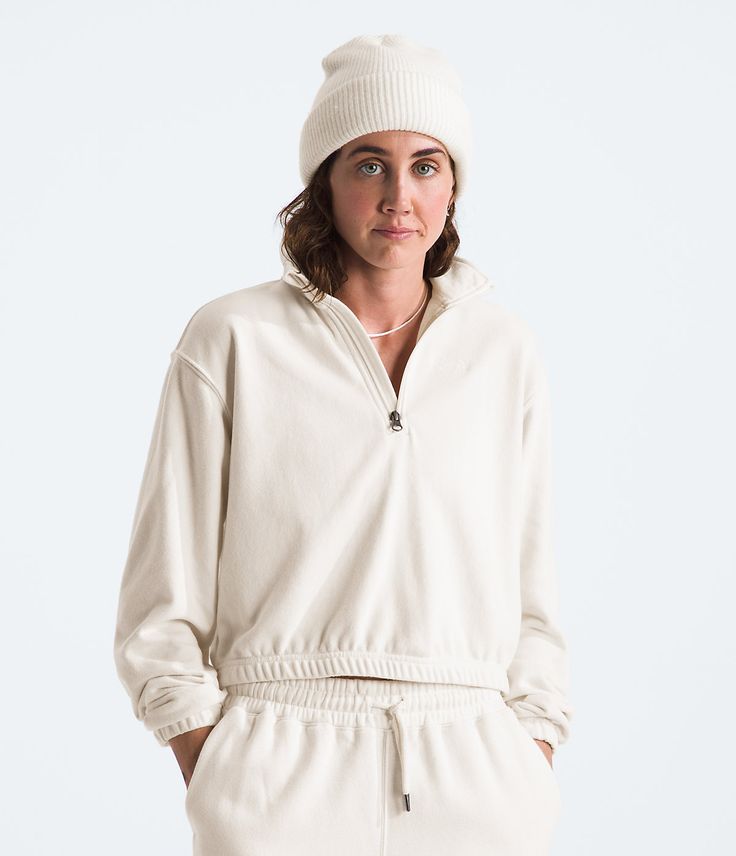 The Women’s Better Terry ½-Zip Pullover features a relaxed fit and soft fabric made with 71% Climate Conscious Cotton. As a Circular Design style, this sweatshirt was built to be recycled with us and made into a second generation of products. Women's Women's Hoodies & Sweatshirts [North Face, Northface, thenorthface, the northface, TNF, tnf] Spring Half-zip Loungewear Sweater, Spring Half-zip Sweater For Loungewear, Spring Half-zip Athleisure Sweatshirt, Fall Loungewear Half-zip Tops, Sporty Half-zip Sweater With Ribbed Cuffs, Relaxed Fit Top With Ribbed Collar In French Terry, Relaxed Fit Half-zip Sweater With Ribbed Cuffs, White Half-zip Sweatshirt With Ribbed Cuffs, Comfortable Fleece Tops With Ribbed Cuffs