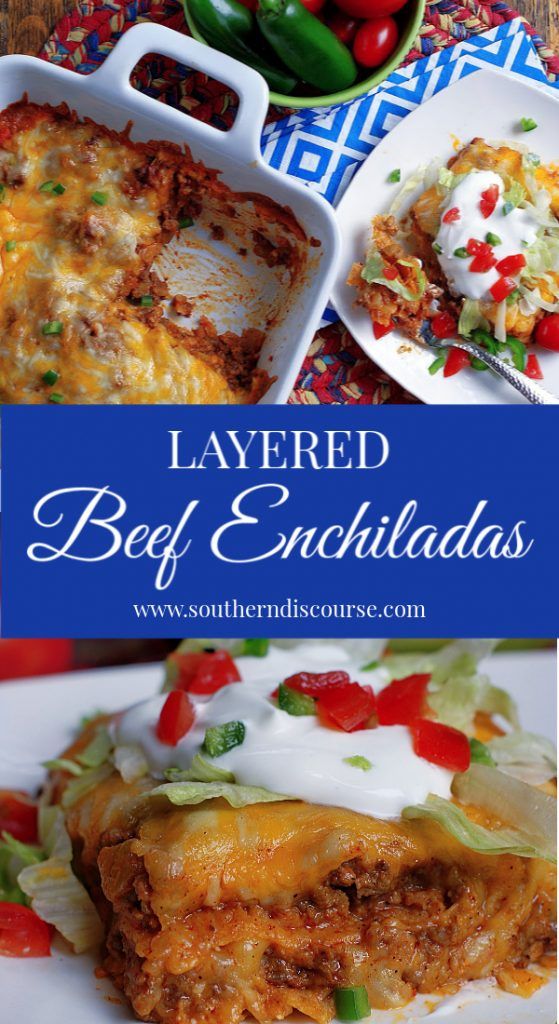 layered beef enchiladas with sour cream sauce and peppers