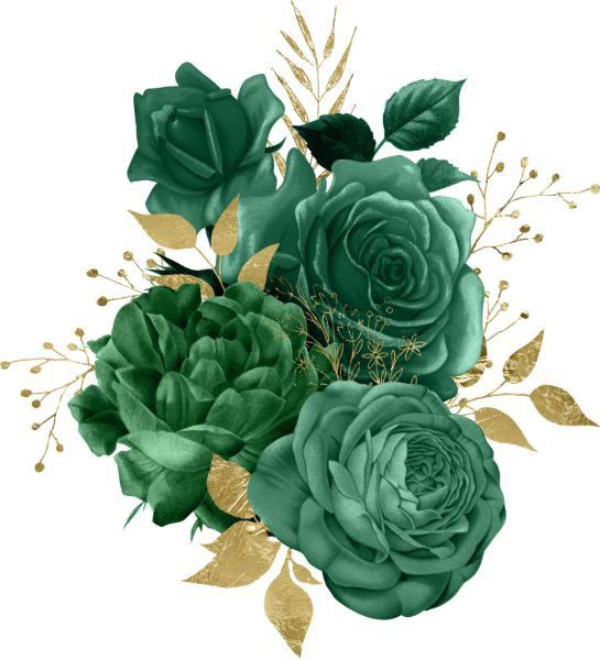 two green roses with gold leaves on a white background, one is in the foreground