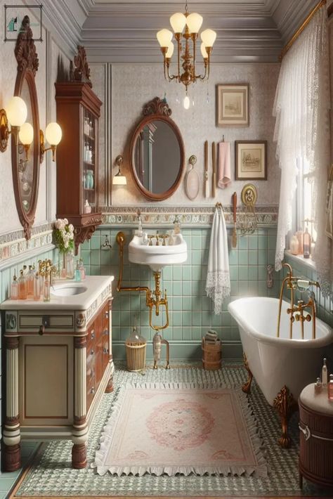 an old fashioned bathroom is decorated in pastel colors and antique fixtures, including a claw foot bathtub