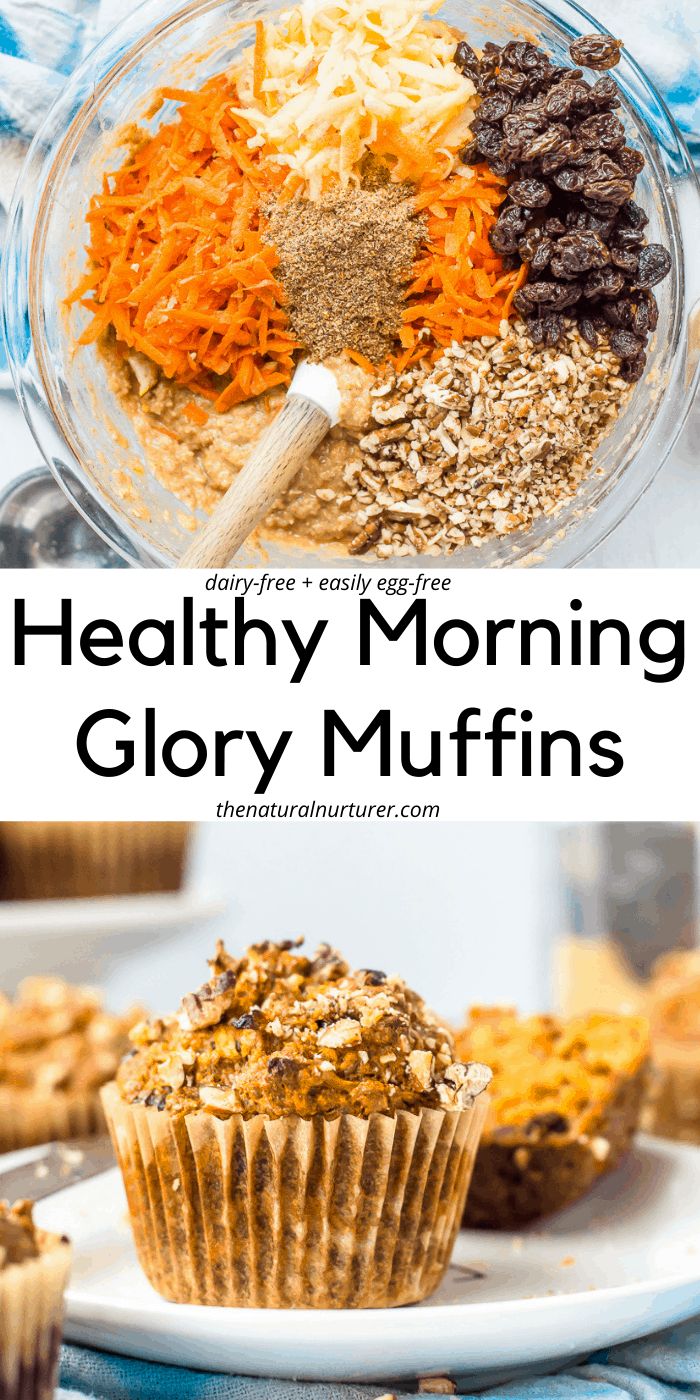 healthy morning glory muffins on a white plate with the title in the middle