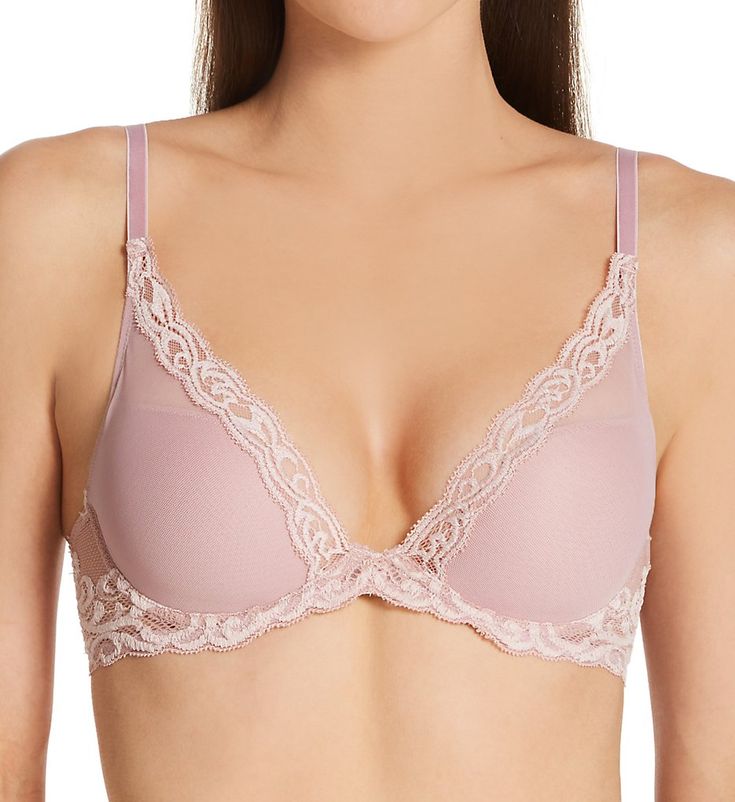 This deep plunge bra features a beautiful scalloped lace trim along a stretch mesh overlay, helping to give you a truly pretty look. Seamless sides for a smooth look under clothes. Very comfortable, and light as a feather! Contour underwire cups with light padding support and shape your breasts. All lace trim has a soft texture. Cups are covered with mesh overlay. Straps are set wide for a sexy, open neckline. Lace with embroidered "feathers" on the sides, back and center panel. Wide-set elastic Low-cut Lace Trim Bra, Elegant Bra With Lace Bodice, Underwire Bra With Lace Bodice, Elegant Underwire Bra With Lace Bodice, Delicate Lace V-neck Bra, Elegant Lace V-neck Bra, Elegant V-neck Lace Bra, Elegant Underwire Bra With Scalloped Lace, Elegant Contrast Lace Bra