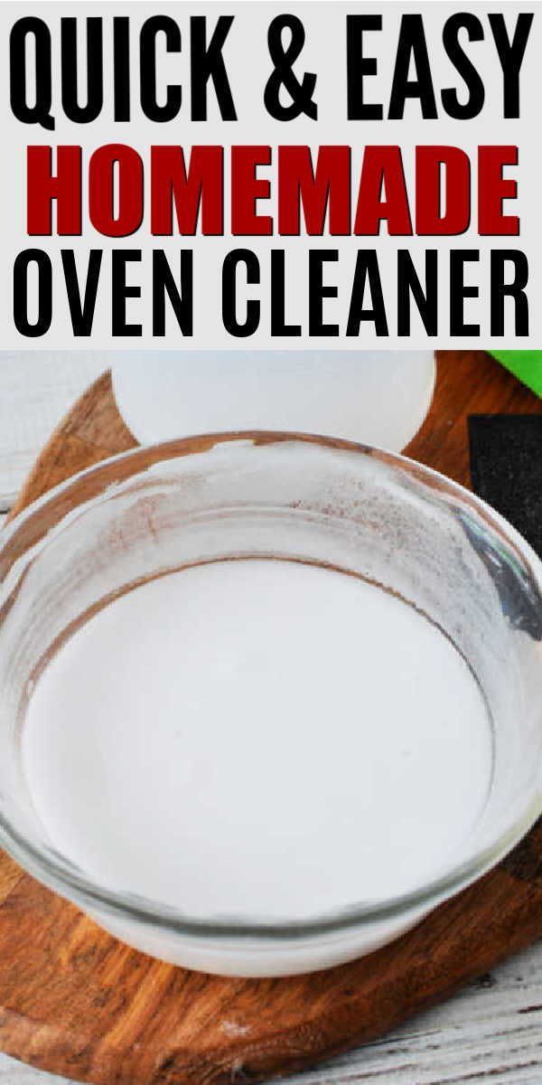 homemade oven cleaner recipe on a cutting board with ingredients in the background and text overlay that reads quick & easy homemade oven cleaner