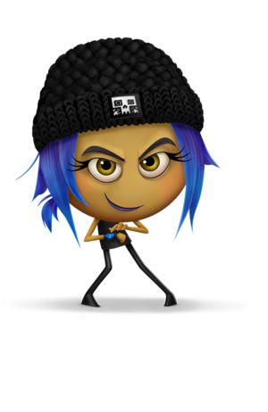 a cartoon character with blue hair wearing a black beanie and looking at the camera