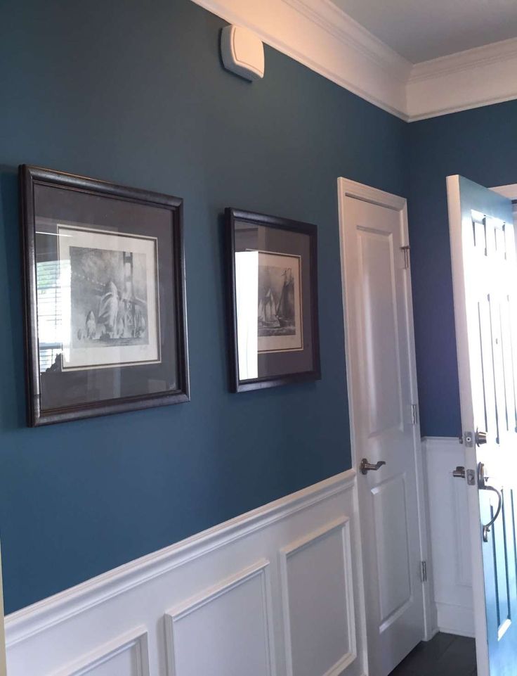 two framed pictures are hanging on the wall in front of a door and some windows