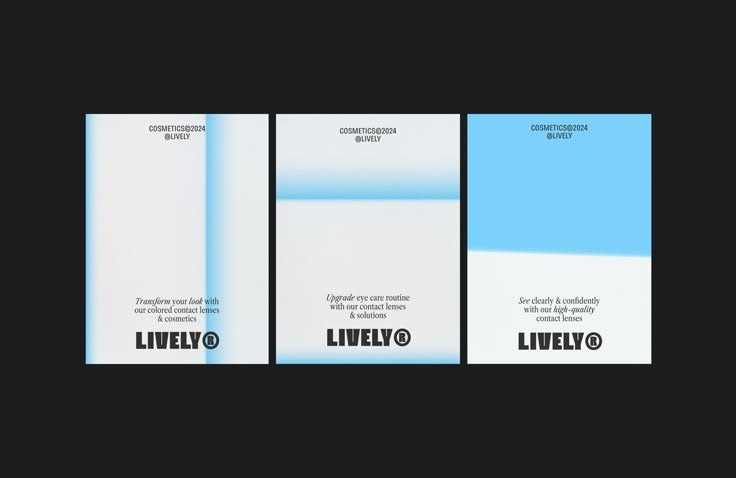 three brochures with blue and white designs on them, one in the middle