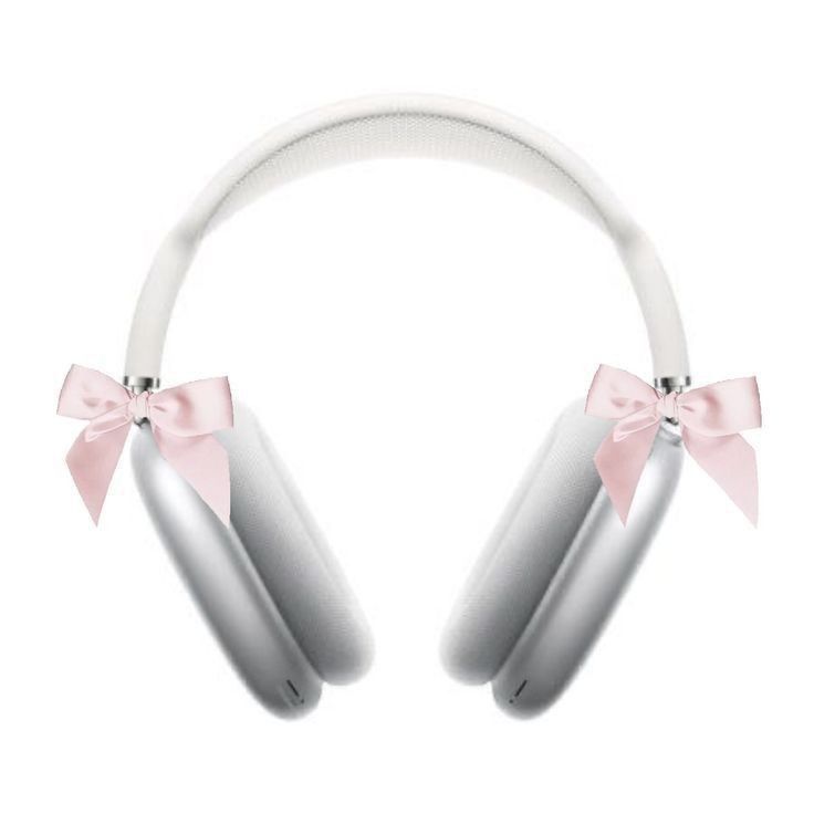 two white headphones with pink bows on the ears and one has a light pink bow