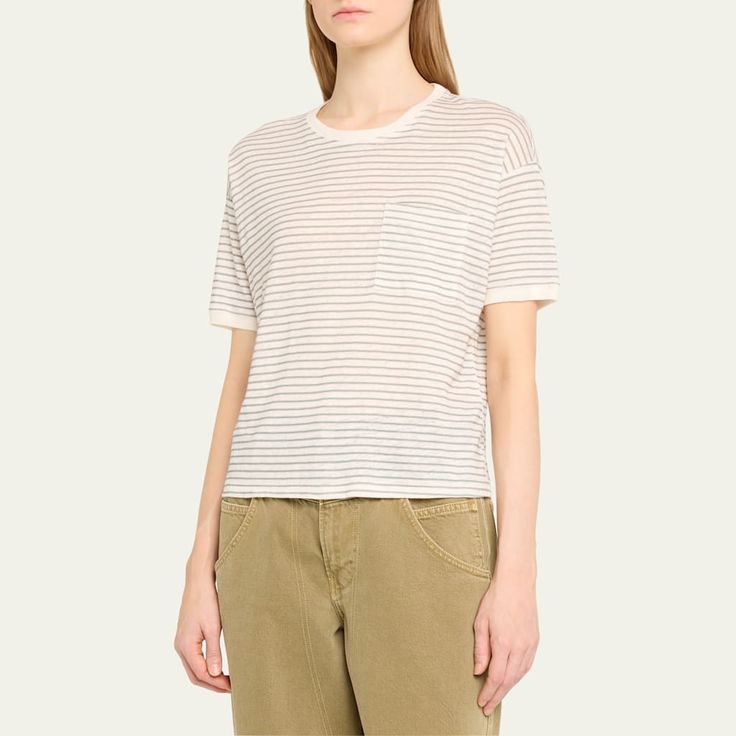 FRAME linen tee featuring a stripe motif  Crew neckline Dropped shoulders Short sleeves Chest pocket Relaxed fit Hem falls to the hip Pullover style Organic linen Imported Striped Linen Short Sleeve Top, White Linen Top With Vertical Stripes, Everyday Tops With Striped Collar For Summer, Summer Tops With Striped Collar For Everyday, Summer Everyday Tops With Striped Collar, Casual Striped Linen Tops, Green Gem, Linen Tee, Green Gems