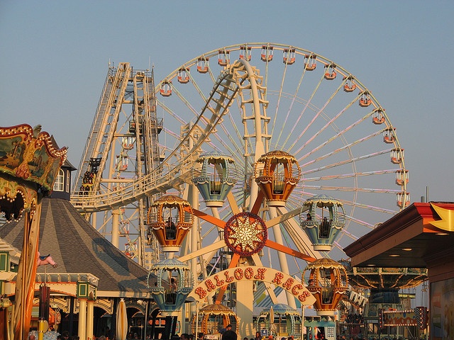 an amusement park with ferris wheel and other rides