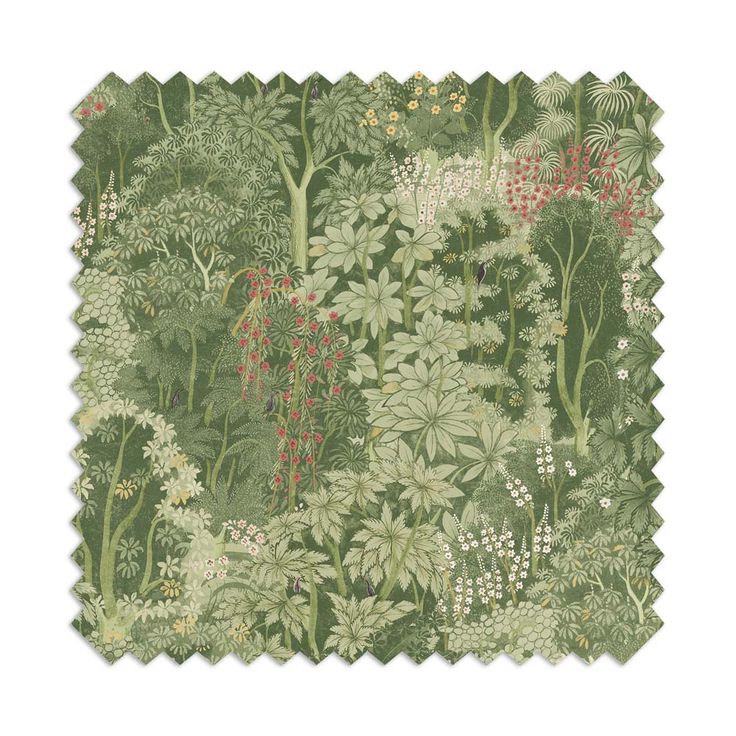 an image of a green forest with flowers and plants on the sides, in shades of red