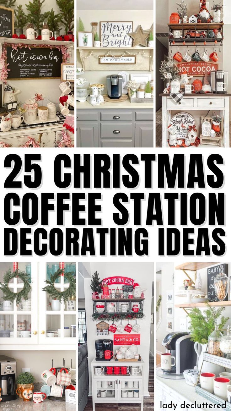 25 Christmas Coffee Station Decorating Ideas Festive Coffee Bar, Xmas Coffee Bar Ideas, Coffee Bar Christmas Ideas, Small Christmas Coffee Bar Ideas, Christmas Decor Ideas Coffee Bar, Coffe Bar Christmas Decoration, Holiday Beverage Station, Coffee Bar Ideas For Christmas, Christmas Decor Coffee Bar