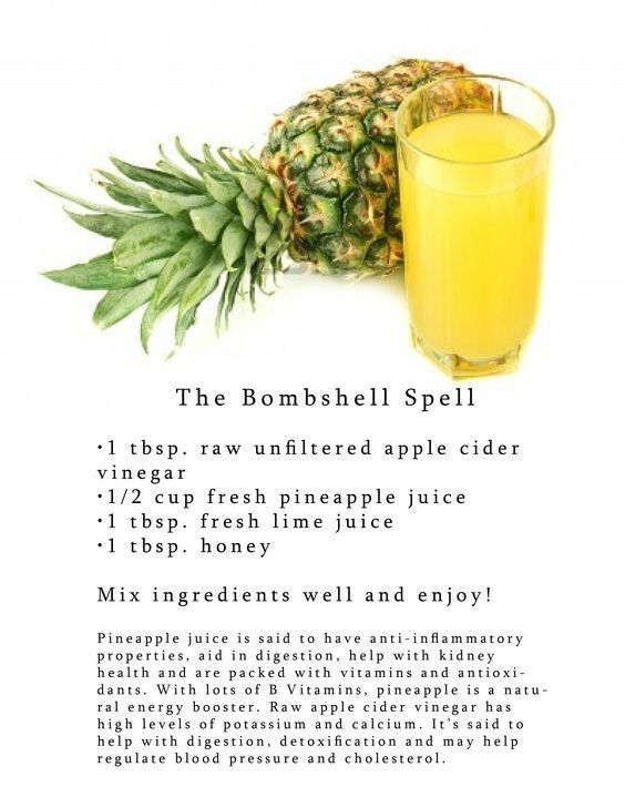 a pineapple next to a glass of orange juice with information about the benefits and uses