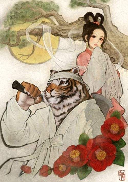 a painting of a woman and a tiger on a white background with red flowers in the foreground