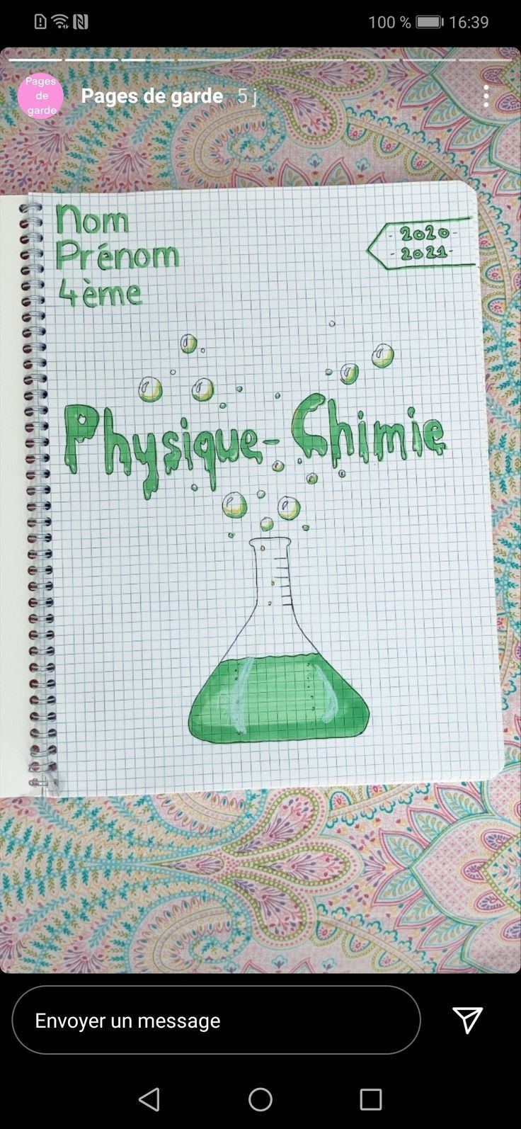 a notebook with the words physque - chimie written on it and an image of a flask