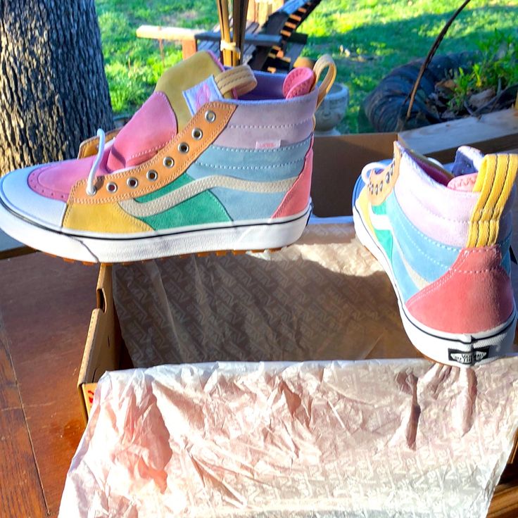 New Men’s Multi Color High Top Sneaker Unique High Top Vans, High Top Vans Custom, Cool Vans Shoes High Tops, Casual Pastel High-top Custom Sneakers, Pink Custom Sneakers With Vulcanized Sole For Spring, Custom Pink Sneakers With Vulcanized Sole For Spring, Spring Pink Custom Sneakers With Vulcanized Sole, High-top Pastel Sneakers With Rubber Sole, Pastel High-top Sneakers With Rubber Sole