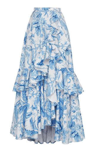 Shop Flamenco Ruffled Floral-Print Cotton Maxi Skirt. Lena Hoschek's 'Flamenco' maxi skirt is designed with a high-rise waist and bold ruffles around the edges. Ruffle Maxi Skirt, Lena Hoschek, Cotton Maxi Skirts, Tiered Midi Skirt, Mode Inspo, Skirt Design, Mode Inspiration, Looks Vintage, Skirt Outfits