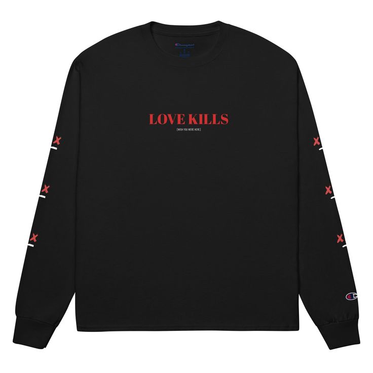 Love Kills [Wish You Were Here] Long Sleeve Shirt (V-Day Edition) • 100% cotton • Fabric weight: 5.2 oz/y² (176.3 g/m²) • Regular fit • Taped crew neck • Double-needle stitched bottom hem • Ribbed knit cuffs • Champion "C” logo on the left sleeve • Blank product sourced from El Salvador or Honduras This product is made especially for you as soon as you place an order, which is why it takes us a bit longer to deliver it to you. Making products on demand instead of in bulk helps reduce overproduct Love Kills, Wish You Were Here, V Day, C Logo, Wish You Are Here, Especially For You, Knit Cuff, Honduras, Long Sleeve Shirt