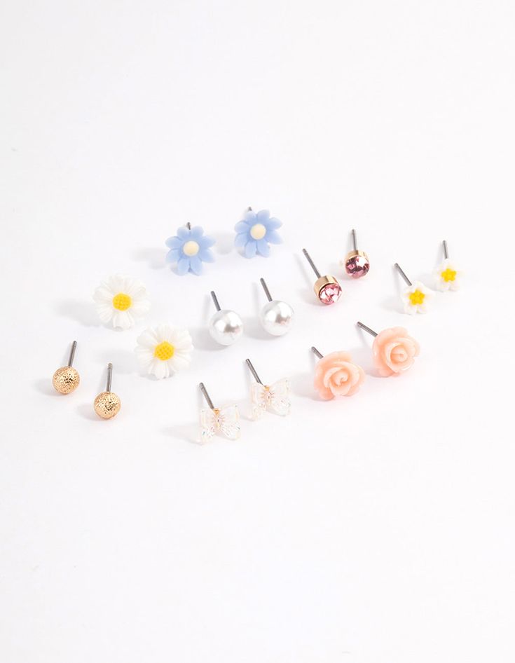 This earring pack contains eight individual, pastel coloured earrings with cute, floral motifs for a feminine, spring-time look! | Lovisa Pastel Mixed Flower Earrings 8-Pack, Blue Cute Multicolor Spring Jewelry, Trendy Hypoallergenic Flower Earrings For Spring, Pastel Jewelry For Spring Gift, Trendy Multicolor Flower Earrings For Spring, Cute Hypoallergenic Earrings For Spring, Feminine Multicolor Spring Jewelry, Cute Flower Earrings For Spring, Trendy 3d Flower Earrings For Spring, Cute Spring Flower Earrings