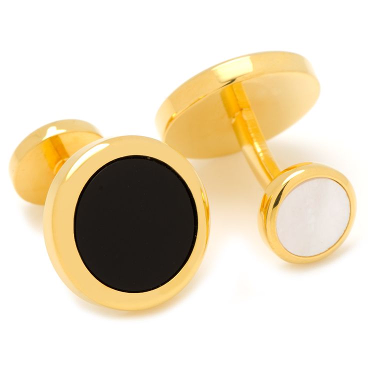 The Double Sided Gold Onyx cufflinks are perfect for that special occasion. A round beveled edge of gold plated base metal borders Onyx stone for a sophisticated look. The details continue to the back of the cufflinks, where the fixed backing closure features the same beveled edge around a Mother of Pearl center. Onyx Cufflinks, Pearl Cufflinks, Round Logo, Stone Inlay, Stud Set, Onyx Stone, Beveled Edge, Nespresso Cups, A Mother