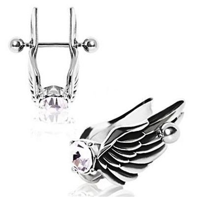 two pairs of angel wings with crystal stones on each earring, one in silver and the other in white gold