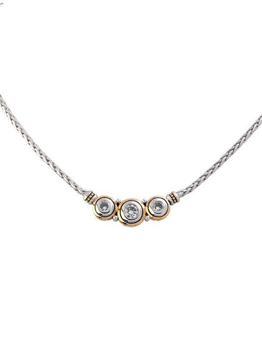 Beijos Three Stone CZ Necklace #JohnMedeiros #Jewelry #JohnMedeirosJewelry #handmadejewelry #designerjewelry Cz Necklace, Cz Stone, Three Stone, Bezel Setting, Diamond Pendant, Luxury Jewelry, Crystal Necklace, Garnet, Two Tone