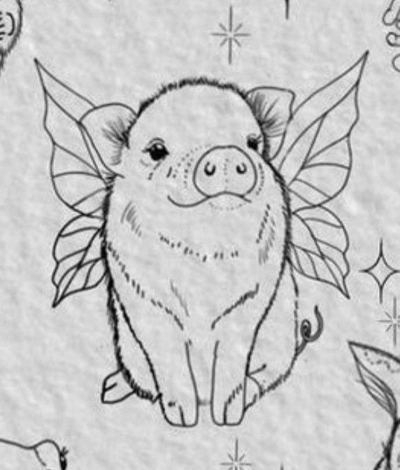 a pig with wings sitting next to other pigs and stars on a white paper background