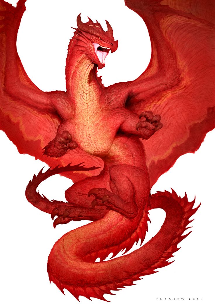 a red dragon is flying in the air with its wings spread out and it's eyes open