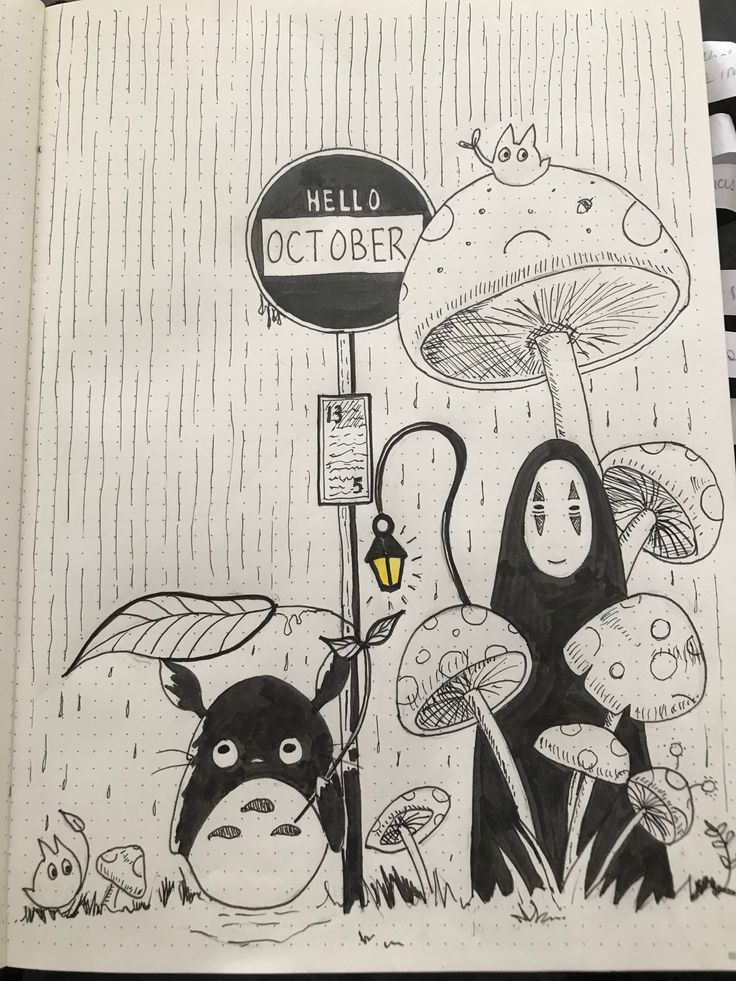 a drawing of two people standing next to each other with mushrooms on the ground and a sign that says hello october