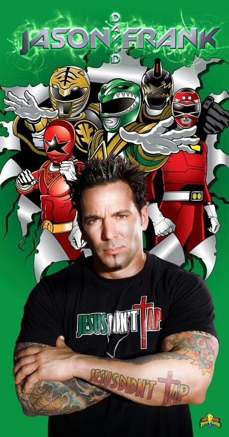 a man with his arms crossed in front of a green background and an image of the power rangers behind him