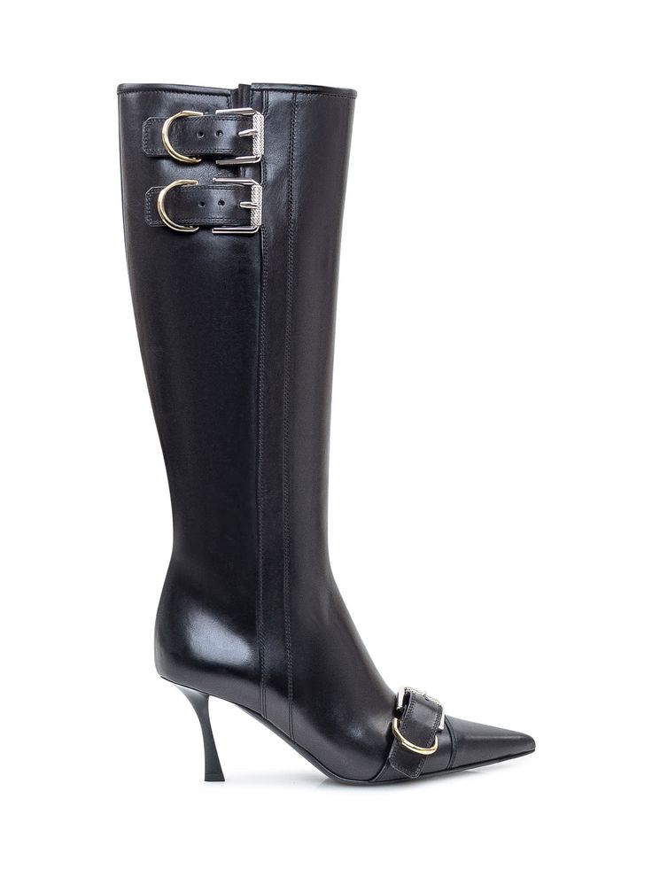 High boot in black leather. Pointed toe design. Stiletto heel. Buckles on the tip and side. Zip closure.Composition: Outside:, 100% Leather Lining:, 100% Leather Sole:, 100% Leather Givenchy Boots, Ysl Sandals, Gucci Hat, Sneaker Wedge, Toe Designs, Beautiful Shoes, Manolo Blahnik, Stiletto Heel, Boot Shoes Women