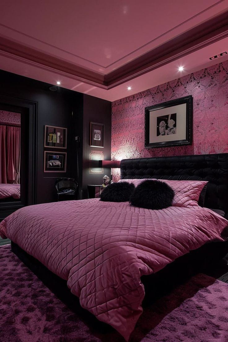 a bedroom with pink walls and purple carpet