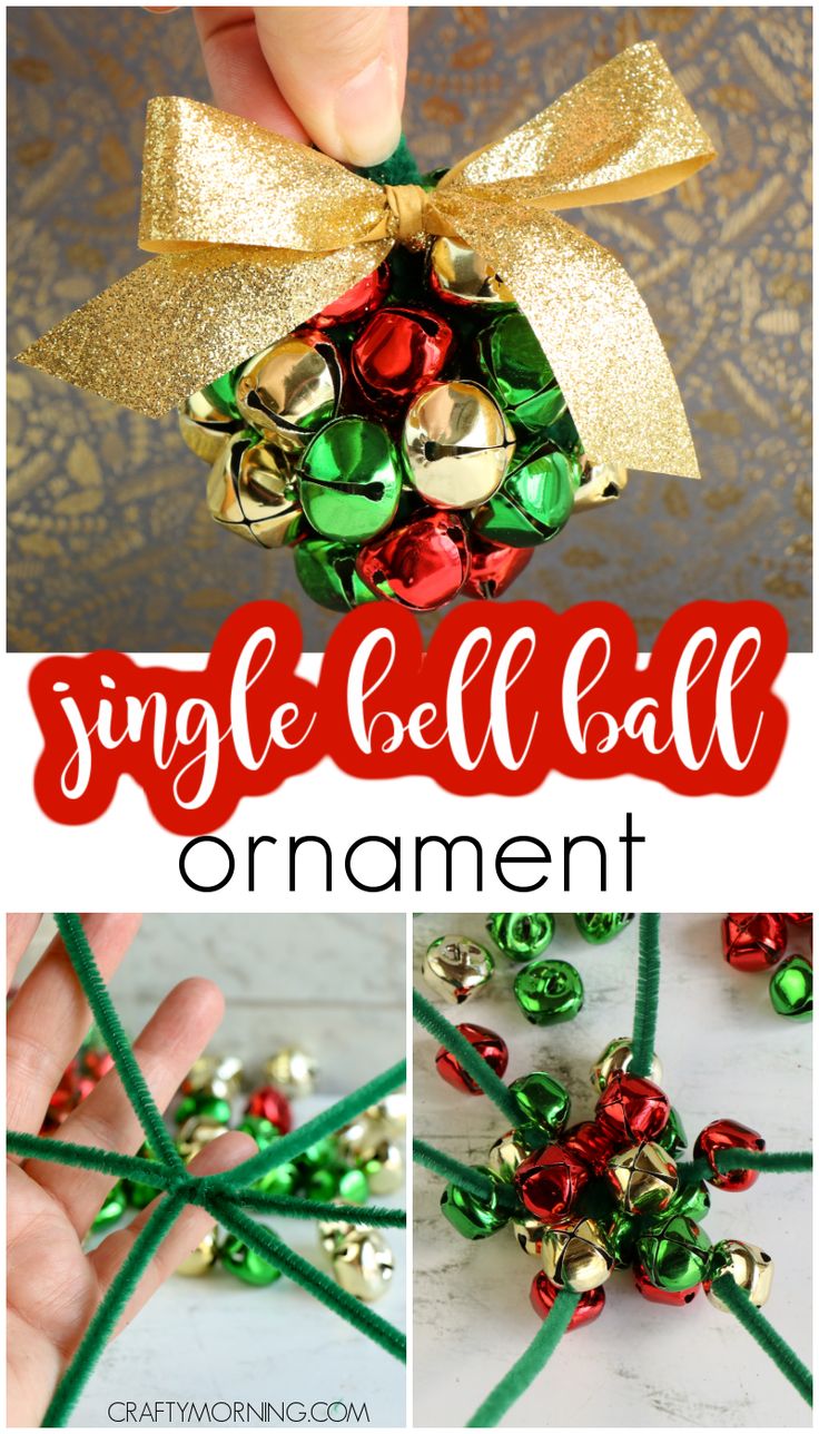 christmas decorations made from bells and bows are shown in three different pictures, including the top one with a gold bow