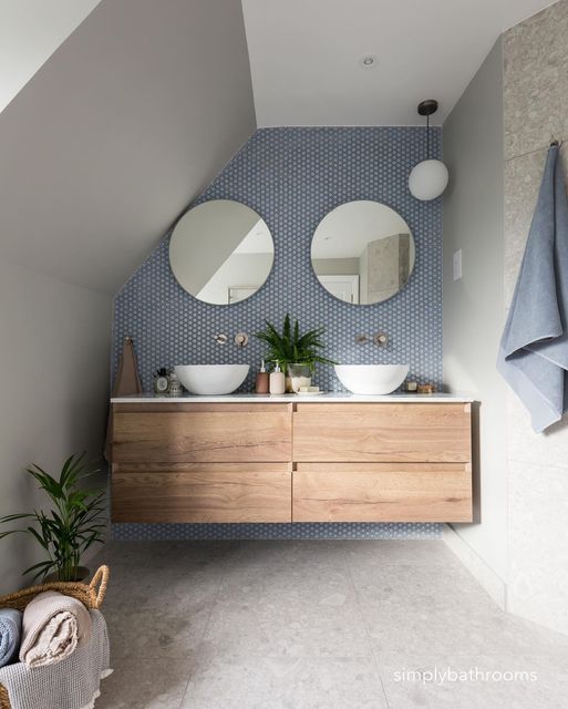 a bathroom with two round mirrors above the sinks and a plant in front of it