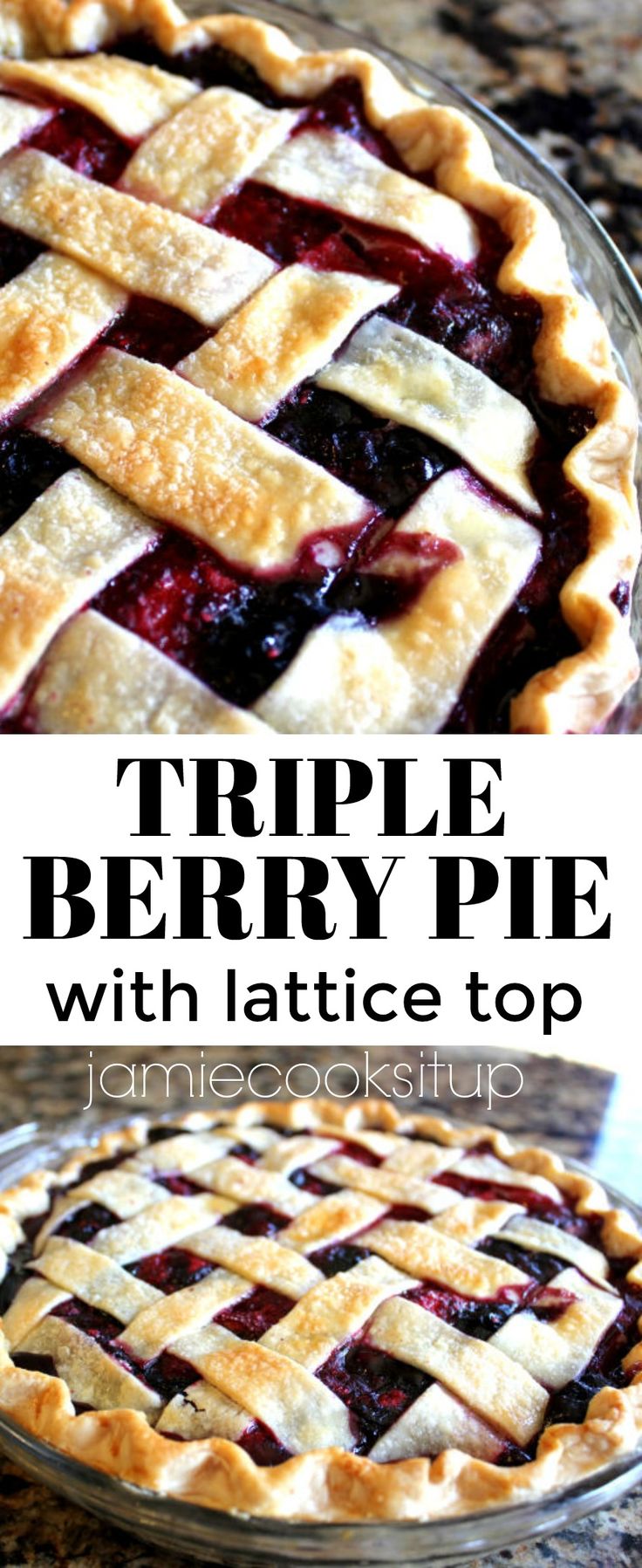 triple berry pie with lattice top is an easy dessert that's ready to be eaten