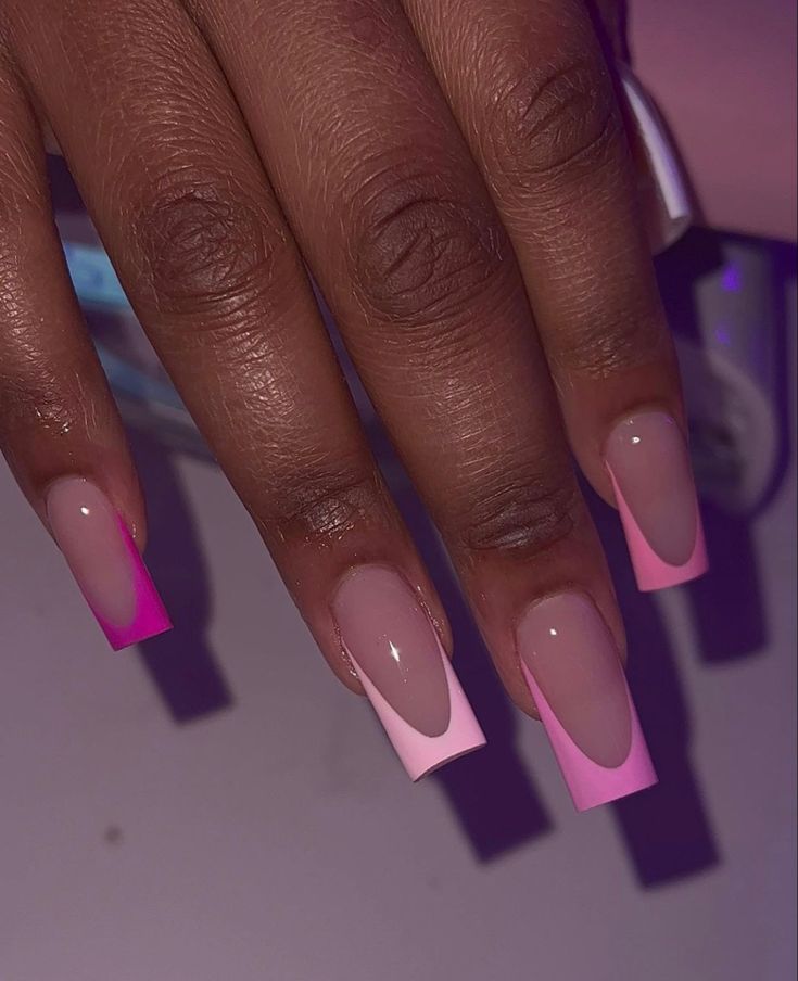 French Two Color Nails, Short Clear Pink Nails, Nail Base Color, Pink On Pink French Nails, Color French Tip Nails, Hot Pink French Tip, Colorful French Tip Nails, Press On Nails With Glue, Romantic Eye Makeup